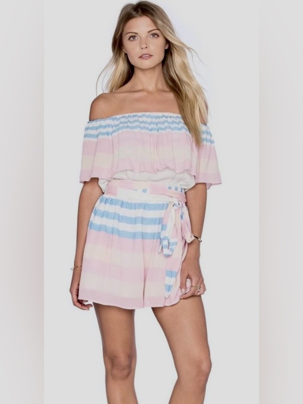 Mara Hoffman Swim Wheatfield Off-the-Shoulder Cover-Up Romper Field Stripe Print